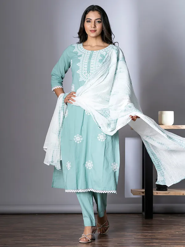 Sky blue embroidery cotton kurti set with dupatta