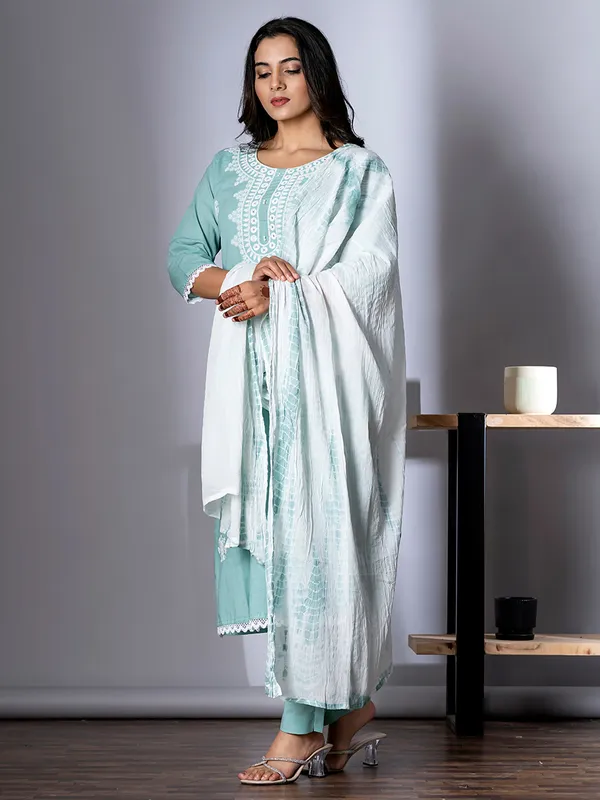 Sky blue embroidery cotton kurti set with dupatta