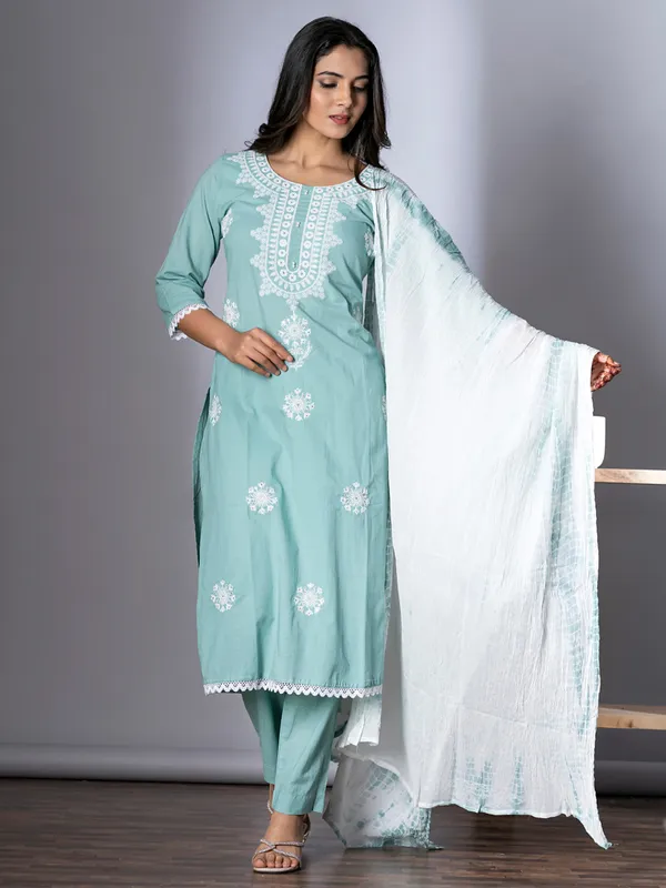 Sky blue embroidery cotton kurti set with dupatta