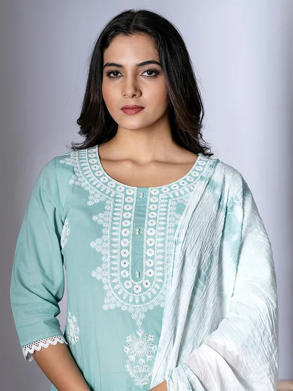 Sky blue embroidery cotton kurti set with dupatta