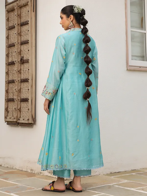 Sky blue embroidery kurti set in chanderi silk