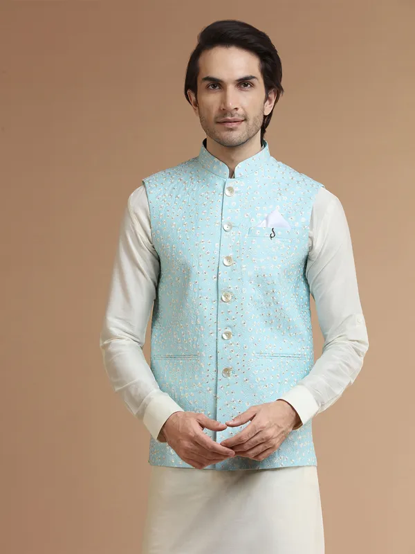 Sky blue embroidery silk waistcoat