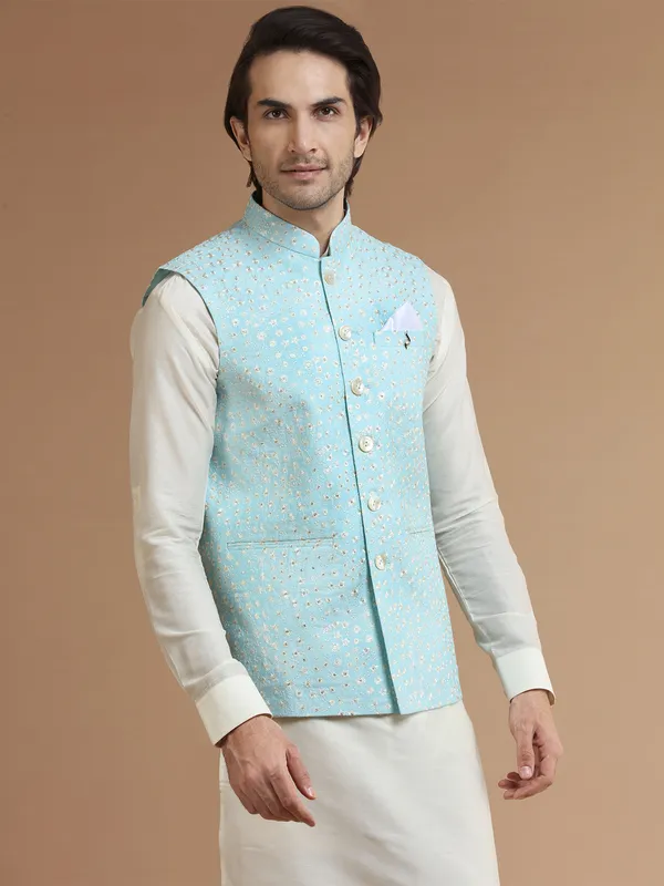 Sky blue embroidery silk waistcoat