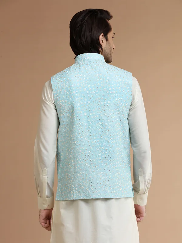 Sky blue embroidery silk waistcoat