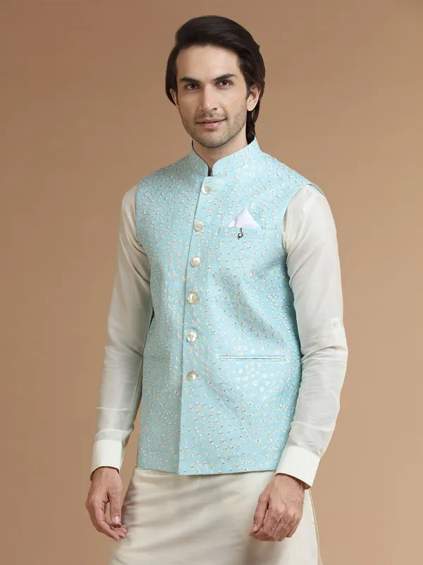 Sky blue embroidery silk waistcoat