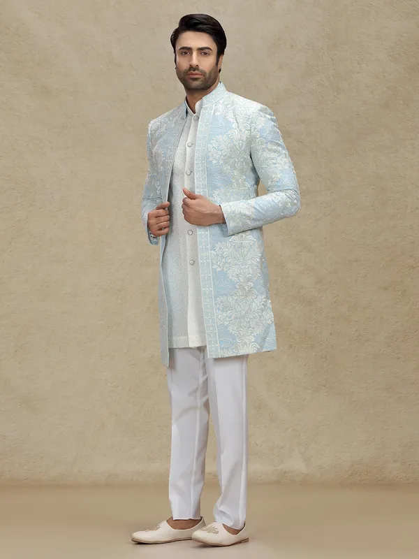 Sky blue embroidery woven indo western with jackets