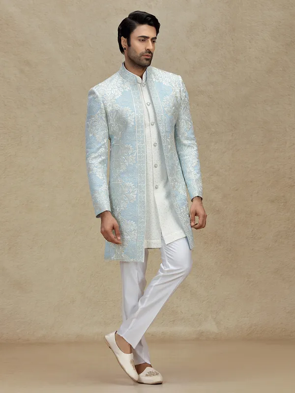 Sky blue embroidery woven indo western with jackets