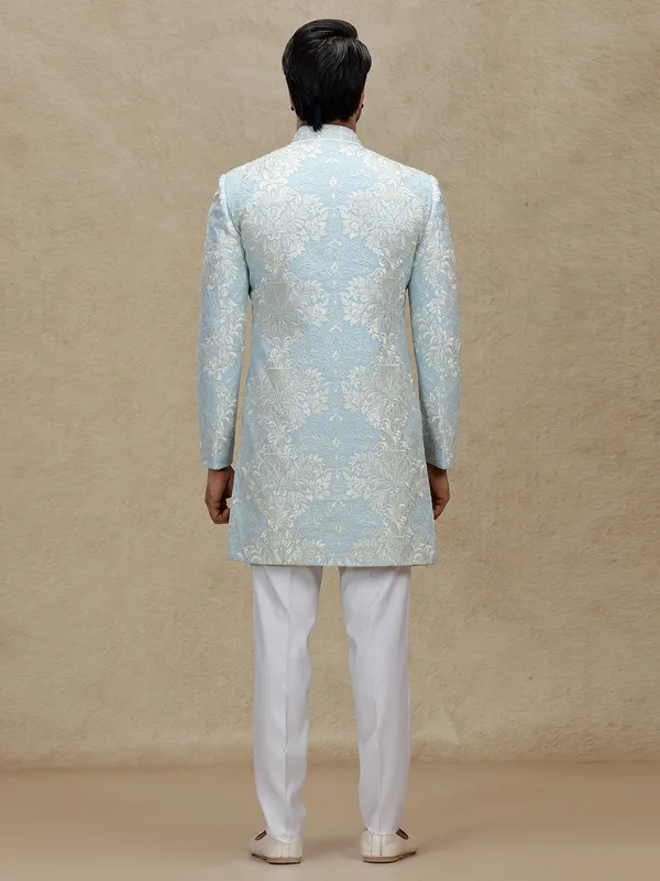 Sky blue embroidery woven indo western with jackets