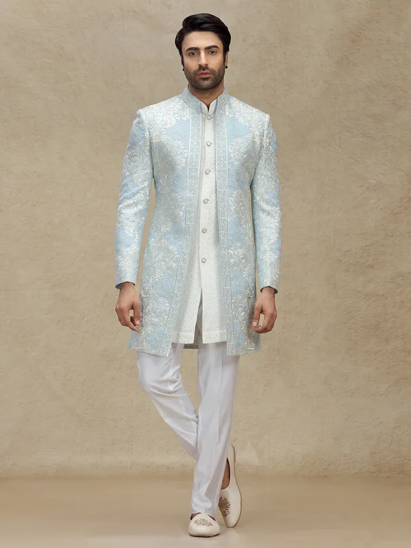 Sky blue embroidery woven indo western with jackets