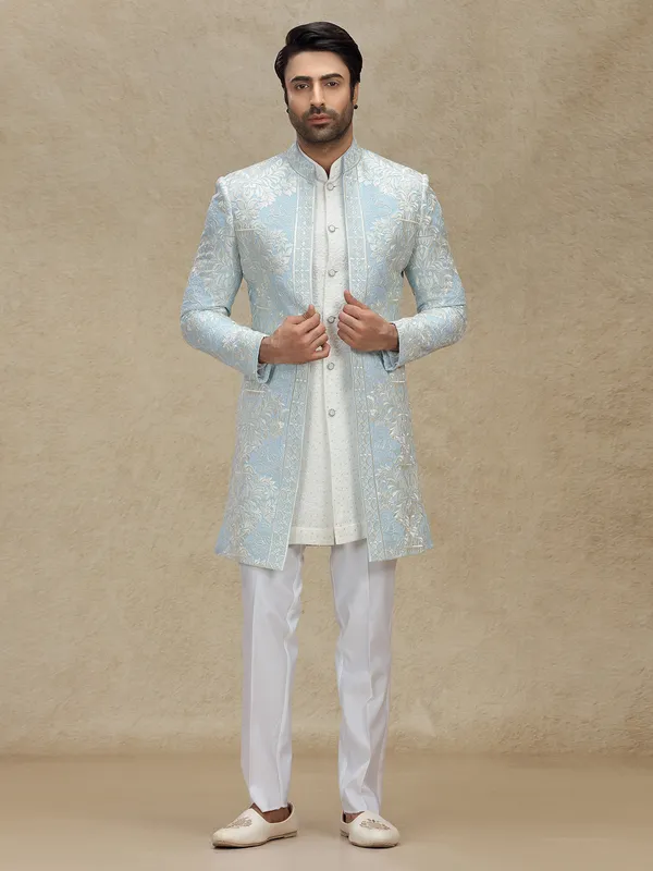 Sky blue embroidery woven indo western with jackets