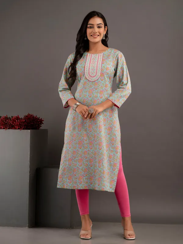 Sky blue floral printed kurti