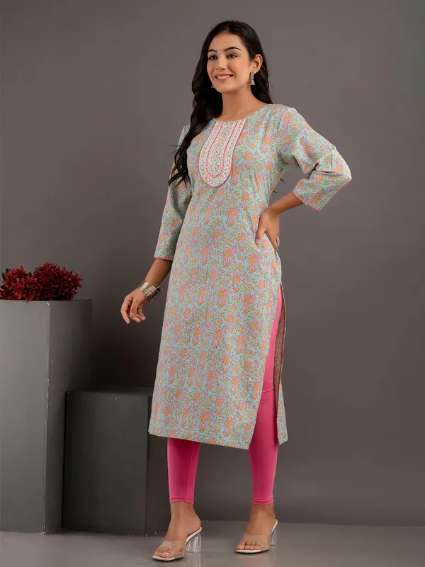 Sky blue floral printed kurti