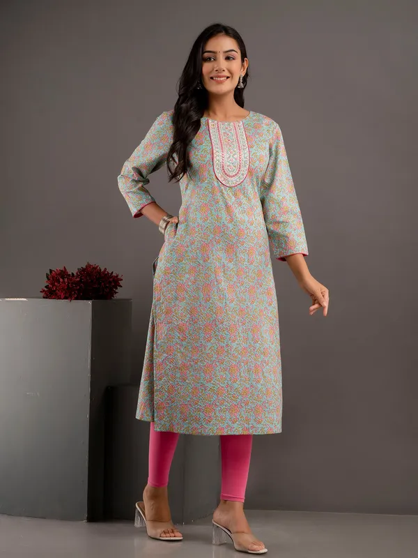Sky blue floral printed kurti