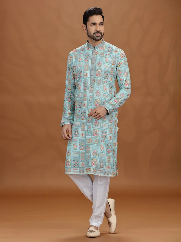 Sky blue georgette embroidered kurta suit style