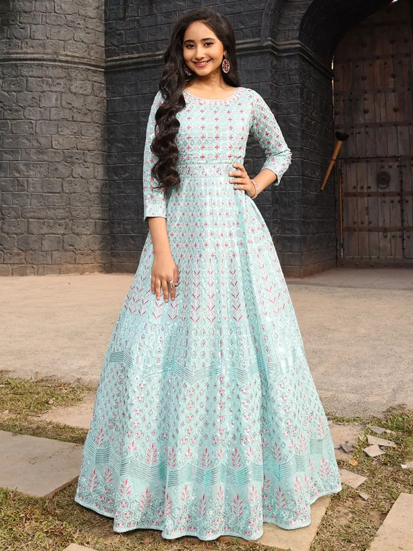 Sky blue georgette girls gown