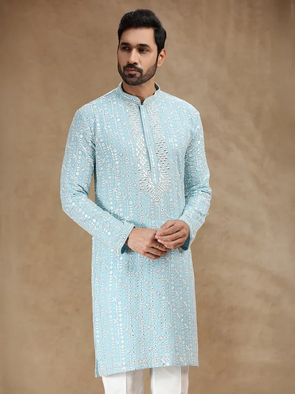 Sky blue georgette kurta suit with aabla detailing