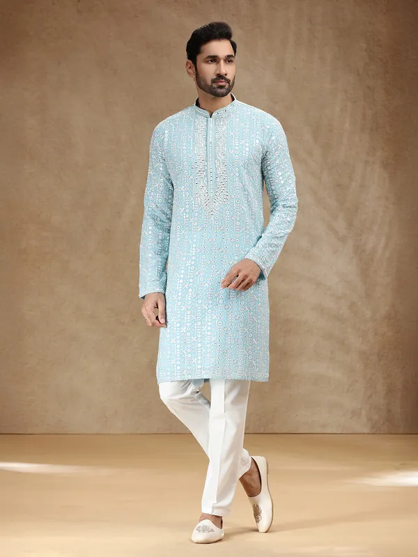 Sky blue georgette kurta suit with aabla detailing