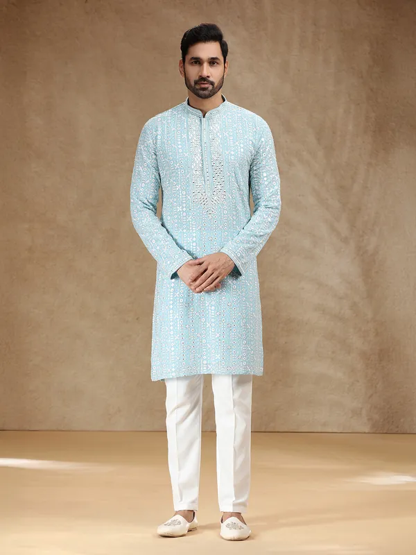 Sky blue georgette kurta suit with aabla detailing