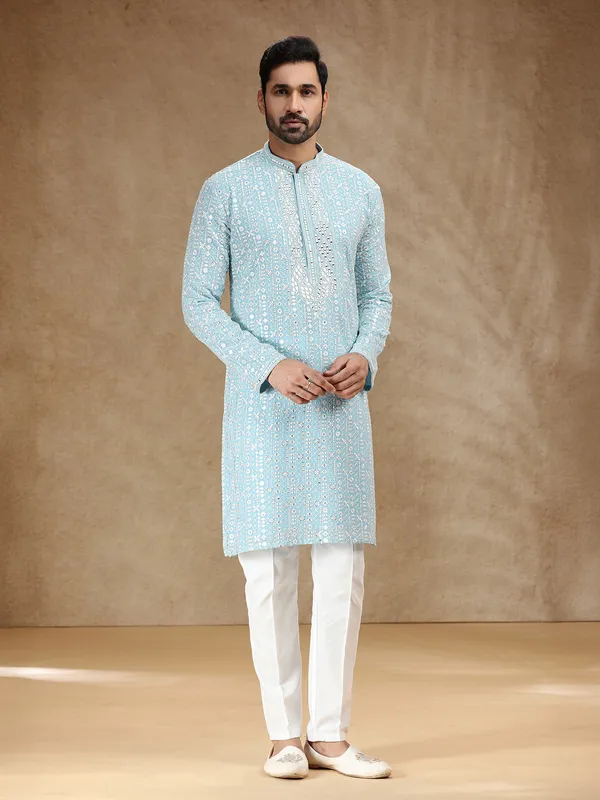 Sky blue georgette kurta suit with aabla detailing