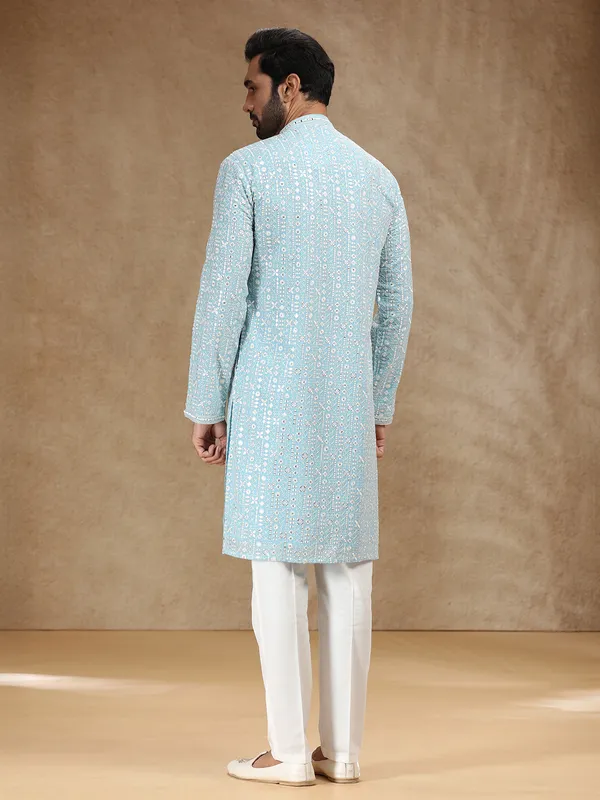 Sky blue georgette kurta suit with aabla detailing