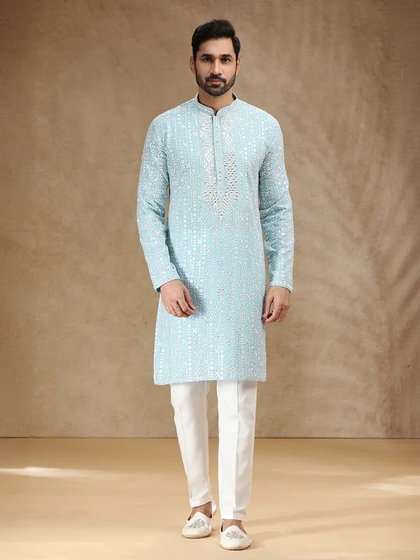 Sky blue georgette kurta suit with aabla detailing
