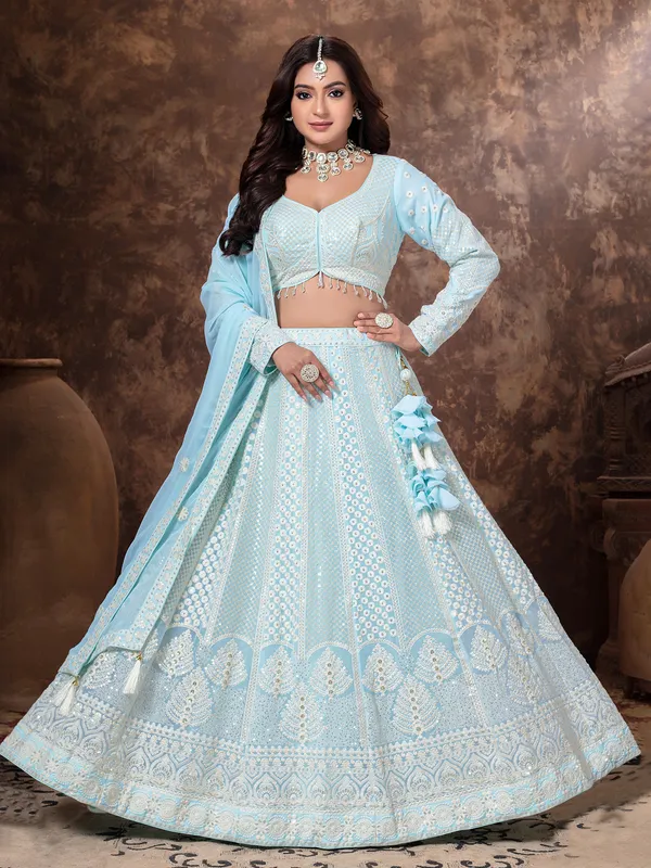 Sky blue georgette lehenga choli with thread work