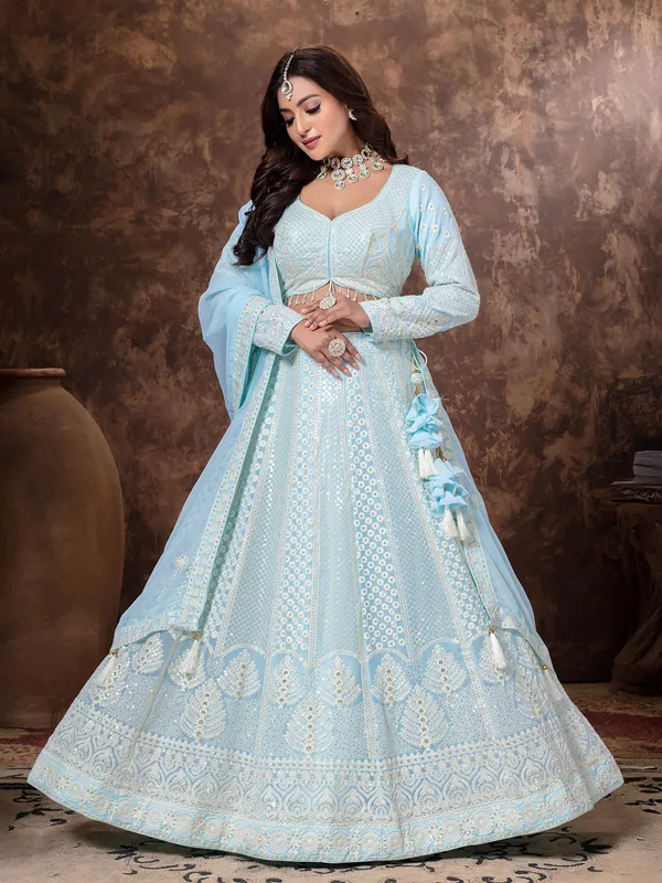 Sky blue georgette lehenga choli with thread work