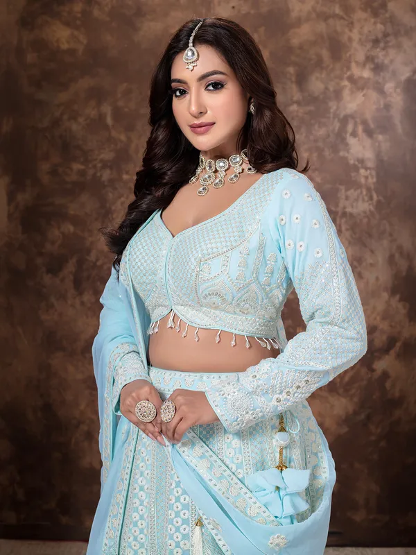 Sky blue georgette lehenga choli with thread work
