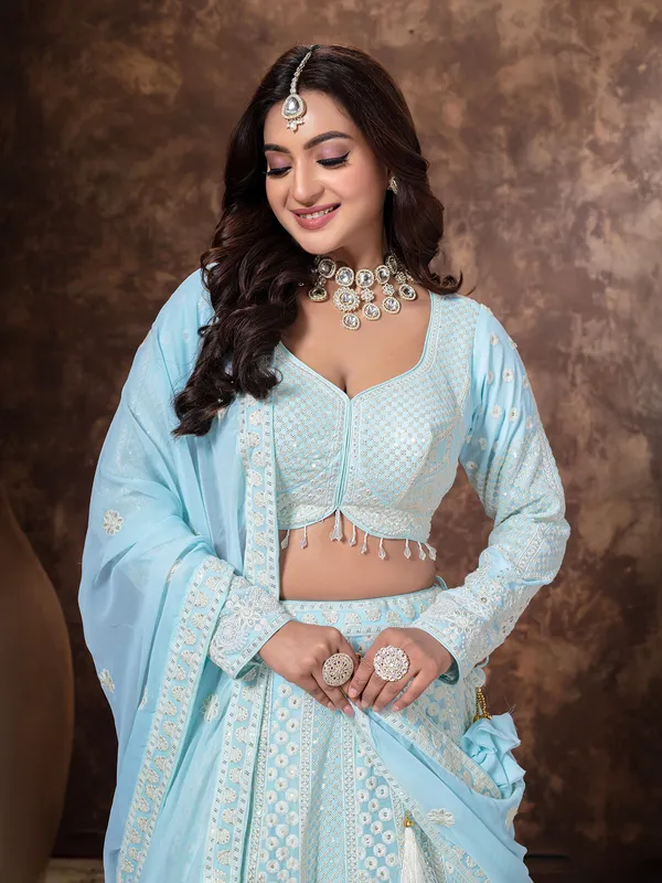 Sky blue georgette lehenga choli with thread work