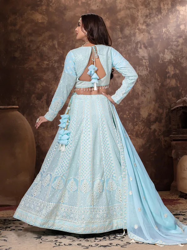 Sky blue georgette lehenga choli with thread work