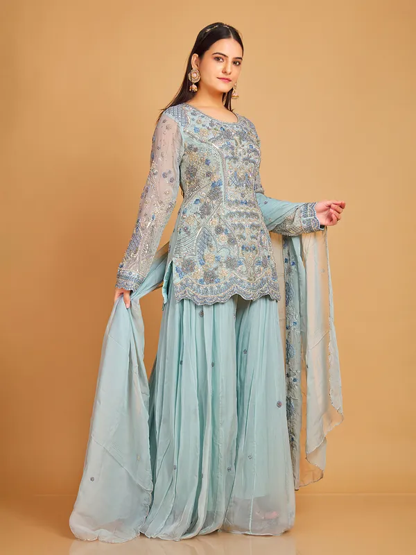 Sky blue georgette palazzo suit with dupatta