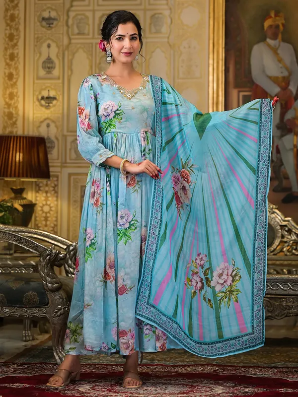Sky blue georgette printed kurti set