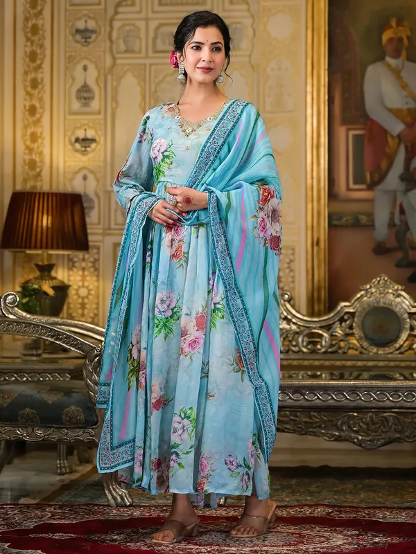 Sky blue georgette printed kurti set