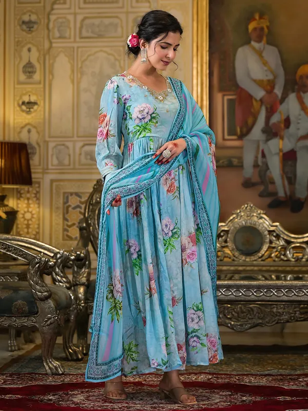 Sky blue georgette printed kurti set