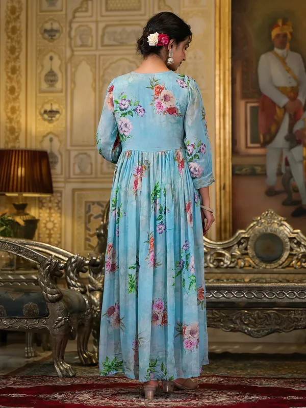 Sky blue georgette printed kurti set