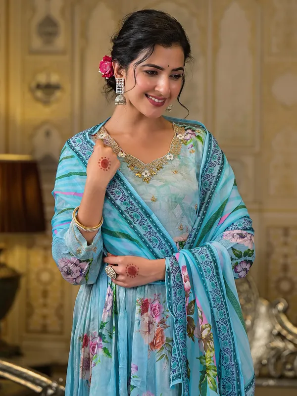 Sky blue georgette printed kurti set