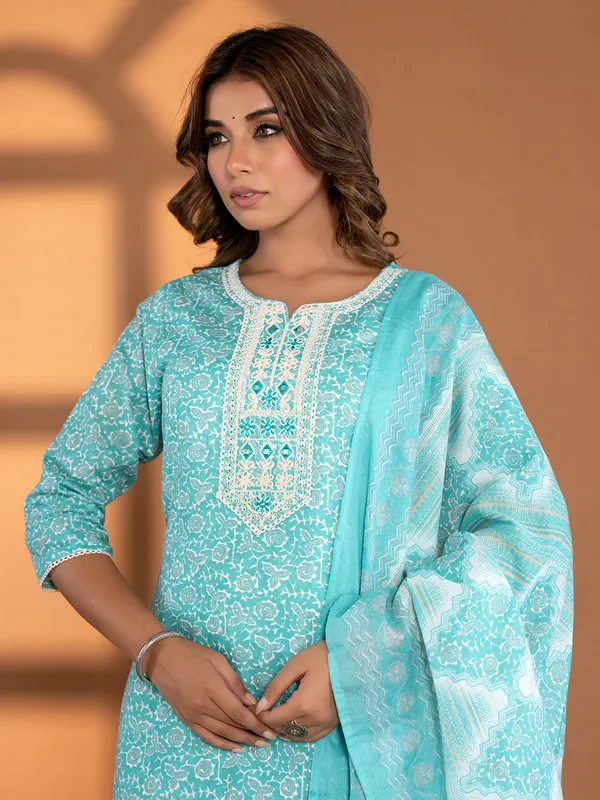 Sky blue georgette printed kurti set for festive