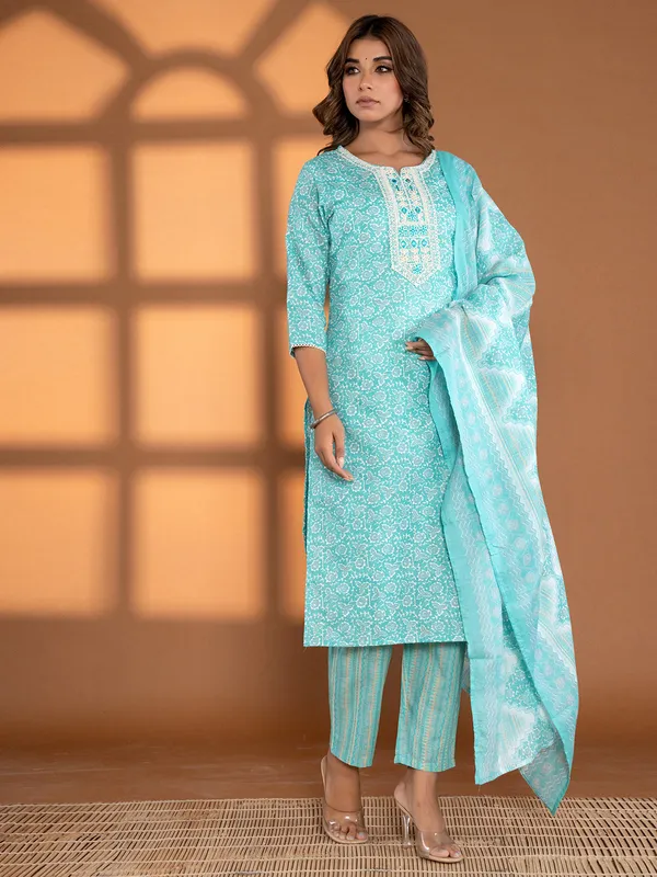 Sky blue georgette printed kurti set for festive