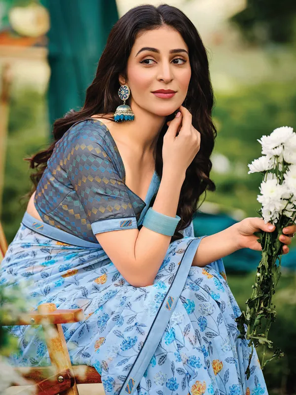 Sky blue georgette saree with print