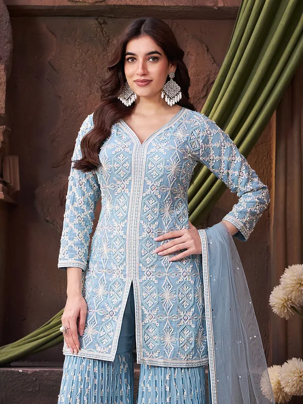 Sky blue georgette sharara suit for women wedding wear