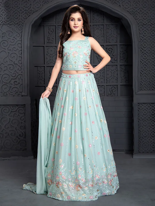 Pista green georgette sleeveless lehenga choli