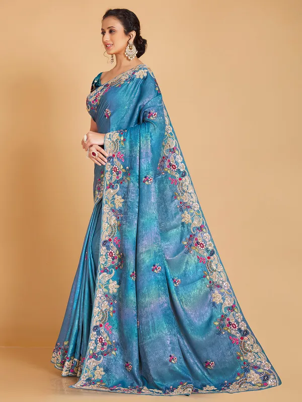 Sky blue hue silk saree for wedding
