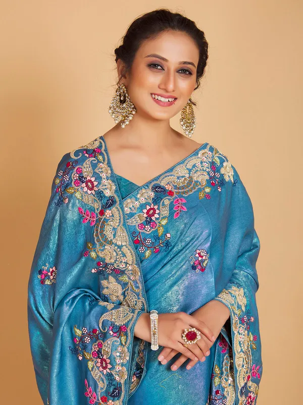 Sky blue hue silk saree for wedding