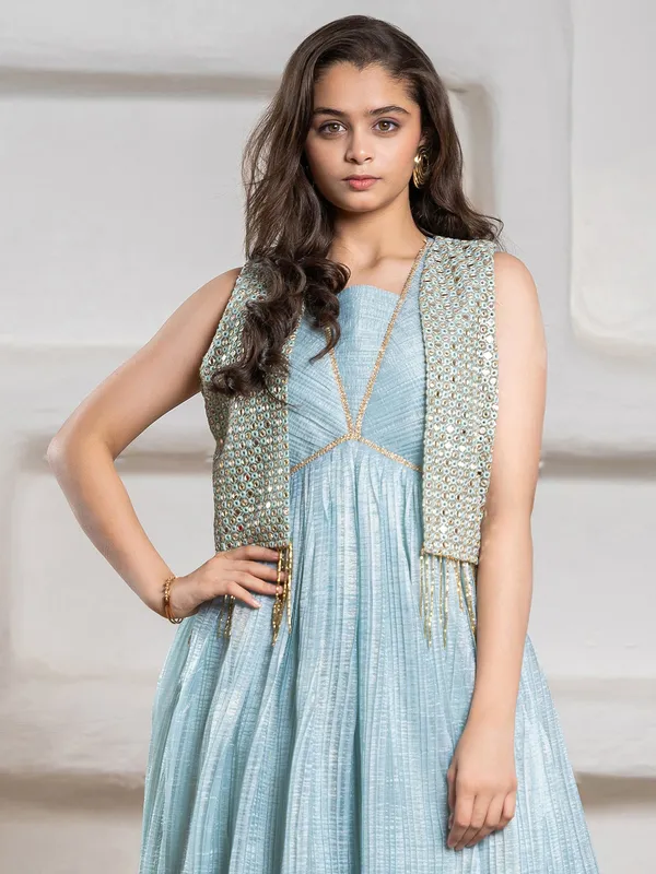 Sky blue jacket style floor length gown