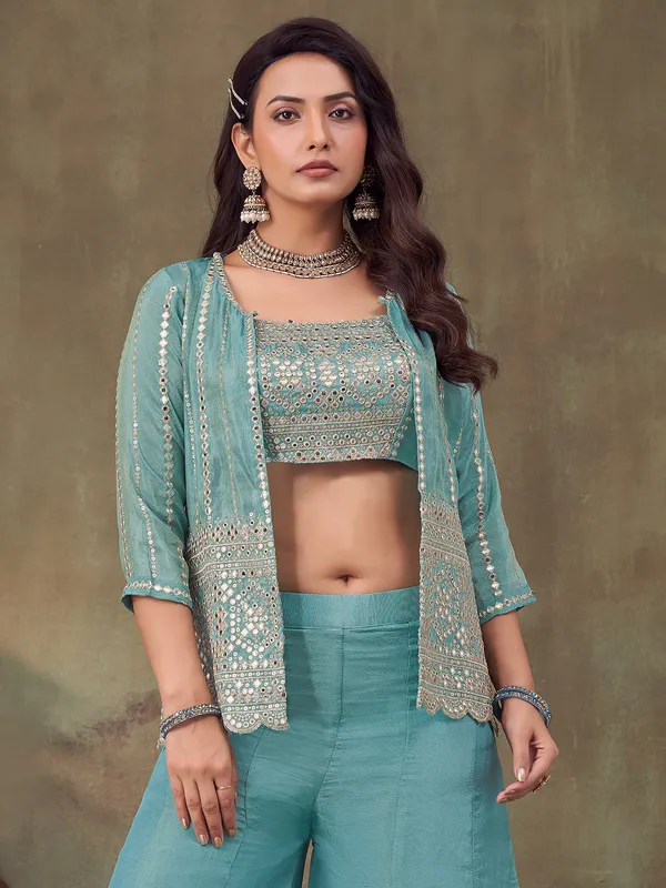 Sky blue jacket style palazzo suit in silk