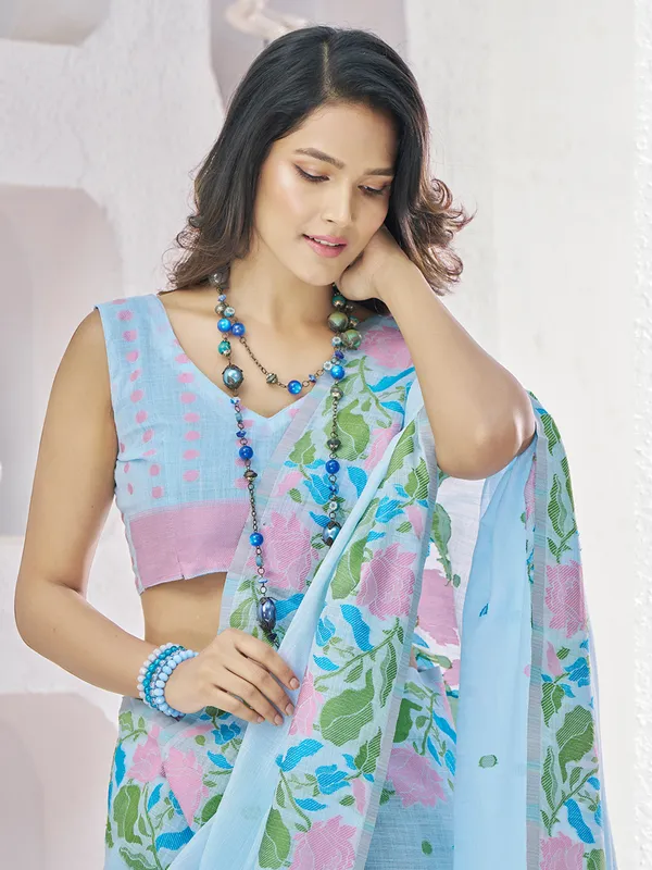 Sky blue linen saree with thread work