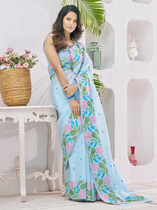 Sky blue linen saree with thread work