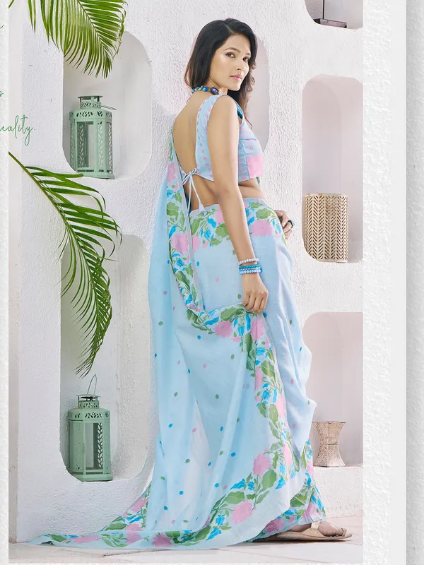 Sky blue linen saree with thread work