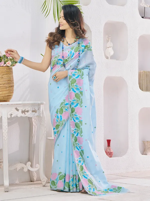 Sky blue linen saree with thread work