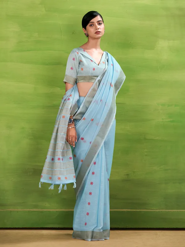 Sky blue linen silk saree with zari